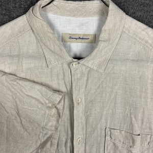 Tommy Bahama Shirt Mens Large Beige 100% Linen Short‎ Sleeve Button Summer Beach